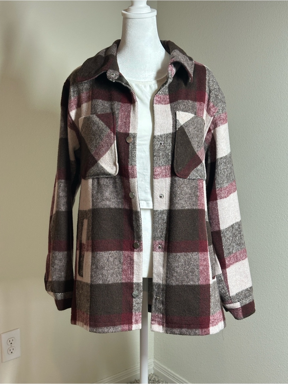 Ashley By 26 International Plaid Utility Jacket in Brown, Cream & Burgundy